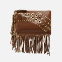 Clutch Marrom Couro Média Franjas Ilhoses