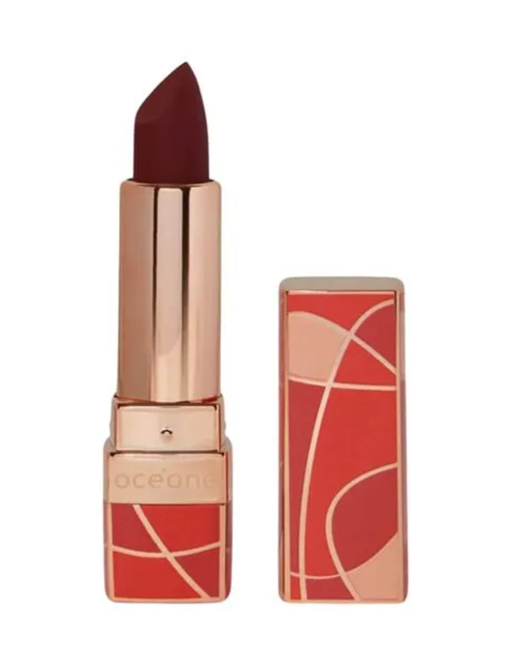 Cores de batom vermelho em estojo rosé com grafismos coral e acabamento cremoso. Texto: oceane