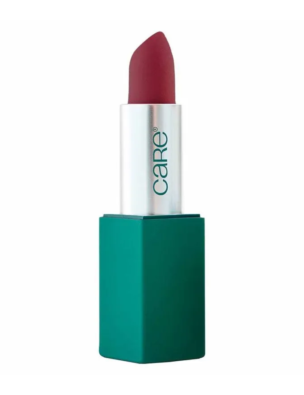Cores de batom vermelho em acabamento matte com embalagem verde e prata minimalista. Texto: care®