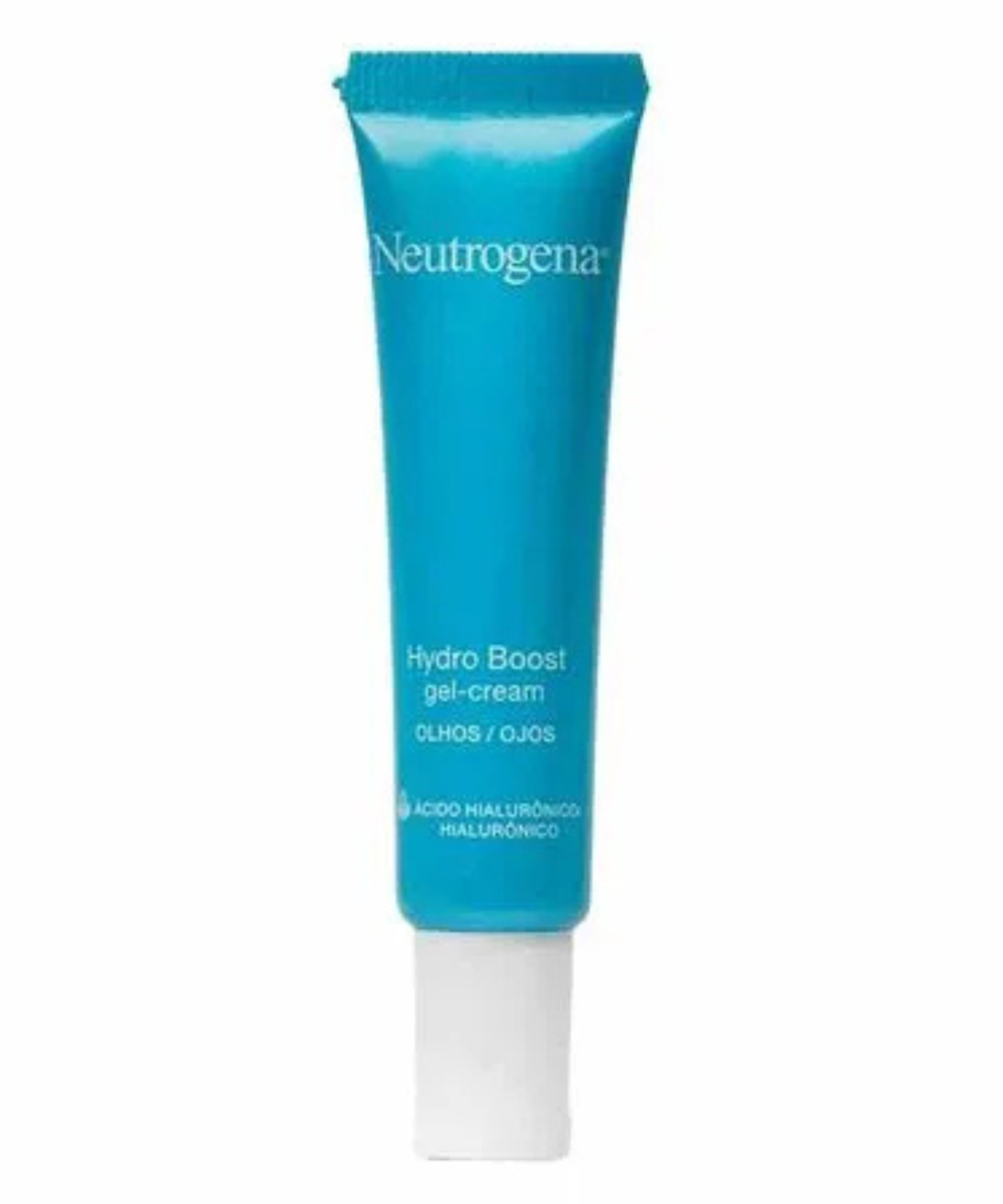 Cremes para olheiras em bisnaga azul de gel-creme Neutrogena sobre fundo branco.