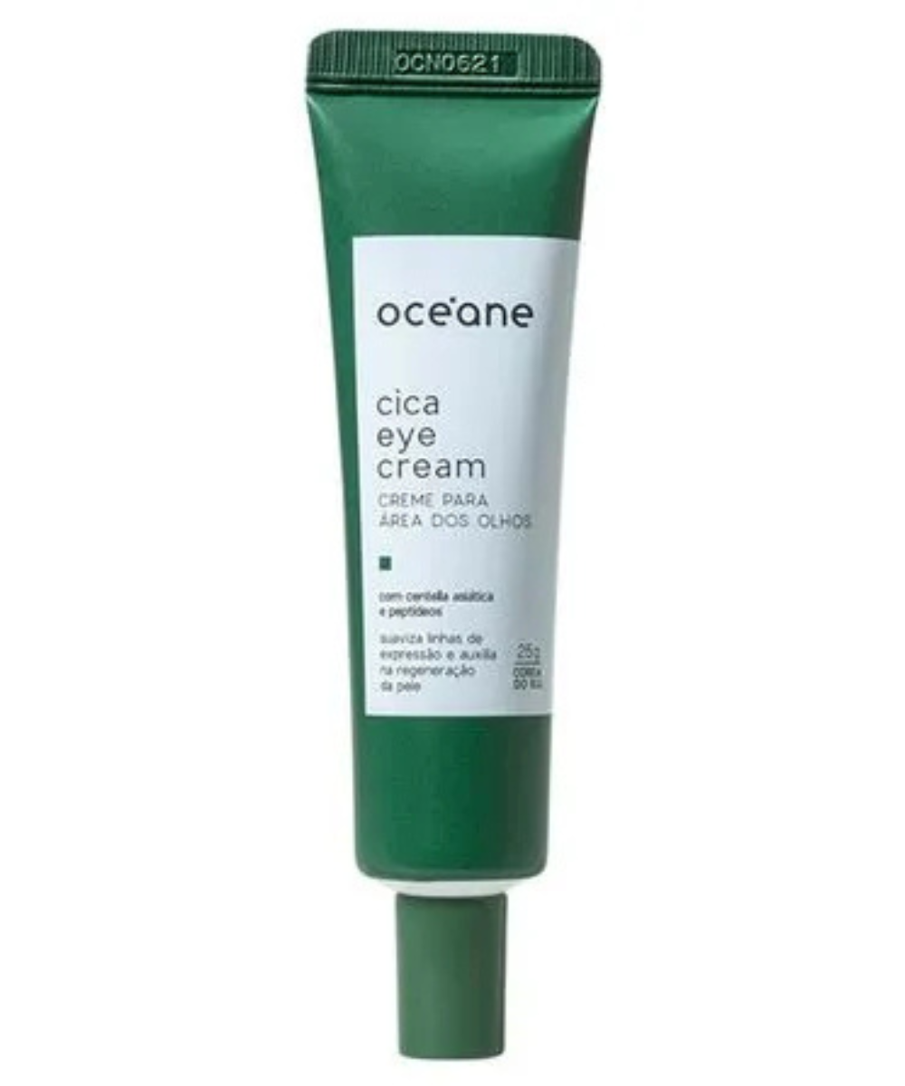 Cremes para olheiras em bisnaga verde e branca, visual clean. Texto: oceane cica eye cream CREME PARA ÁREA DOS OLHOS