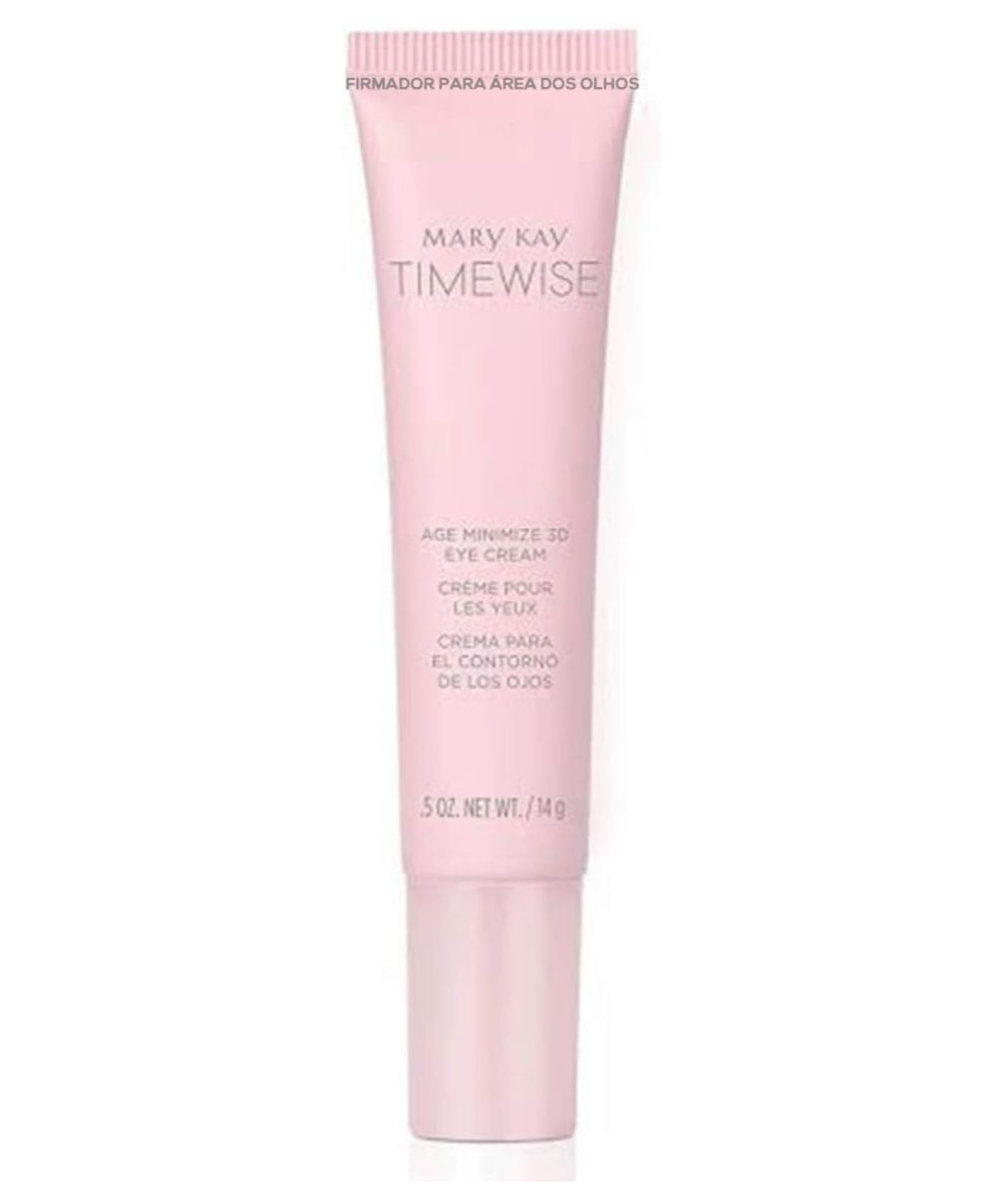 Cremes para olheiras em bisnaga rosa minimalista sobre fundo branco. Texto: FIRMADOR PARA ÁREA DOS OLHOS MARY KAY TIMEWISE