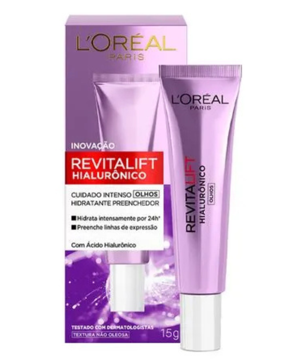 Cremes para olheiras em bisnaga lilás metalizada com caixa roxa, visual clean.