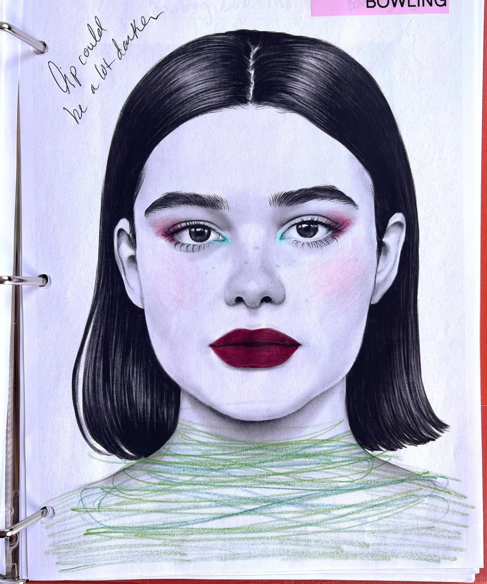 Ilustração de maquiagens de euphoria com bob preto, sombra rosa e verde, batom vinho. Texto: Up could be a lot darker BOWLING