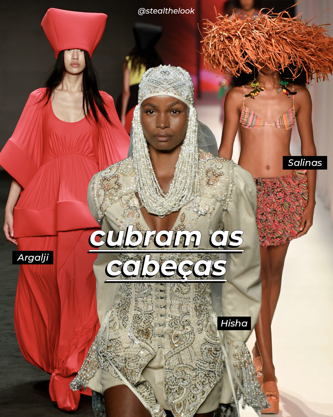 Destaques do Rio Fashion Week 2026: modelos posam com headpieces esculturais e brilho artesanal.