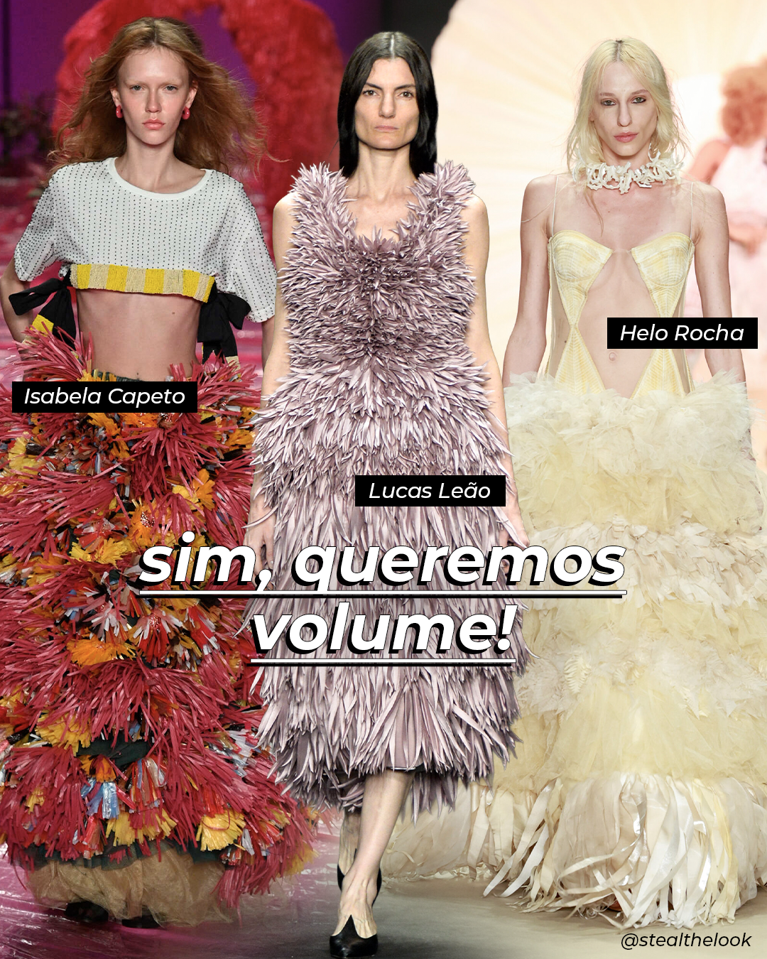 Destaques do Rio Fashion Week 2026: modelos posam com volumes dramáticos.