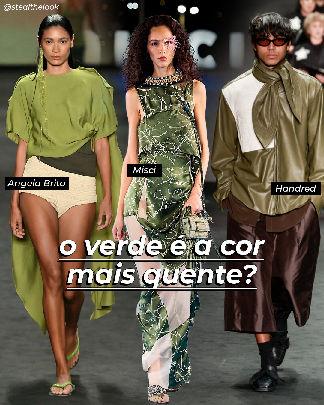 Destaques do Rio Fashion Week 2026: modelos desfilam em verde oliva, fluido, estampado e couro.