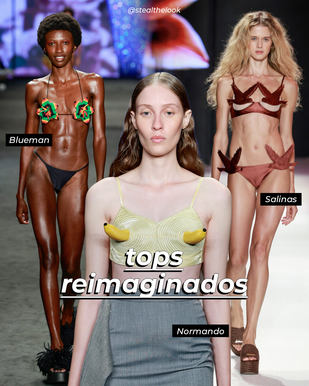 Destaques do Rio Fashion Week 2026: modelos posam com tops esculturais e biquínis em tons terrosos; Texto: tops reimaginados.