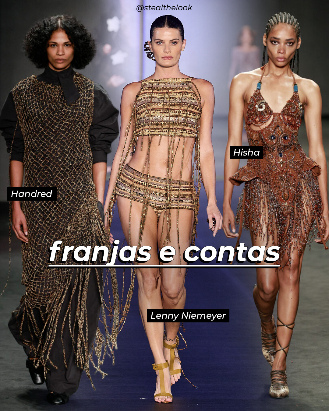 Destaques do Rio Fashion Week 2026: modelos desfilam franjas e contas em tons terrosos.