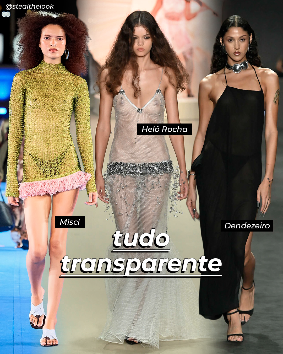 Destaques do Rio Fashion Week 2026: modelos posam com transparências em verde, prata e preto.