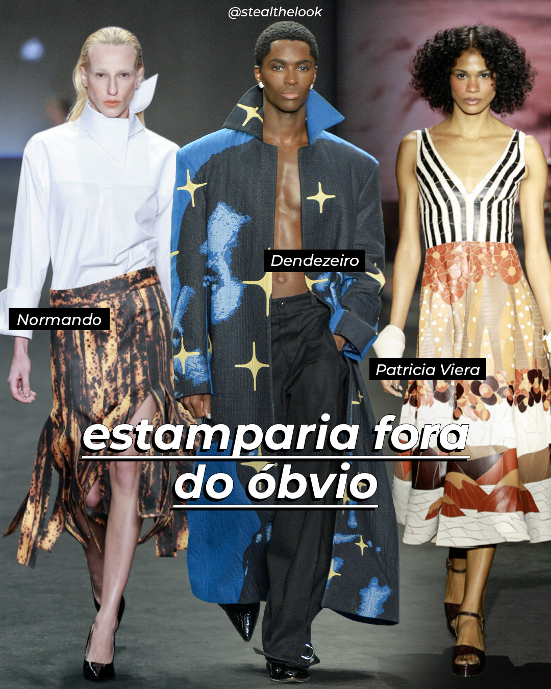 Destaques do Rio Fashion Week 2026: modelos desfilam estampas autorais em preto, azul, branco e terrosos.