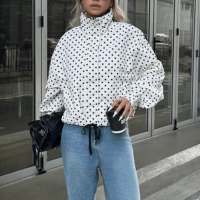 Jaqueta Bomber de Bolinhas Brancas, Top Casual Elegante de Manga Longa, Cas