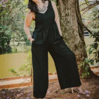 Macacão longo preto em tecido viscose sarjada - Leide - Rose Malveira