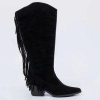 Marrocos - Bota Feminina Cano Alto Salto Grosso Franjas Preto