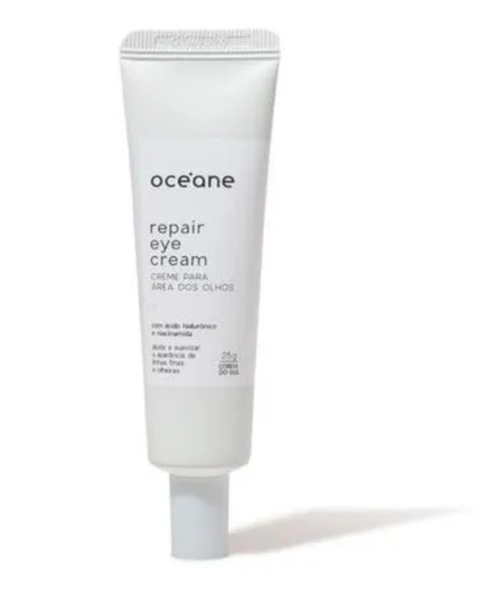 Cremes para olheiras em bisnaga branca minimalista sobre fundo claro. Texto: