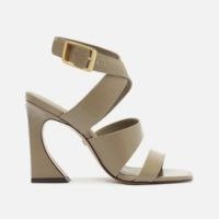 Sandália Cinza Couro Salto Alto Geométrico Flare