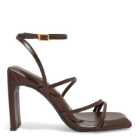 Sandália Couro Salto Alto Reto Bico Quadrado Marrom