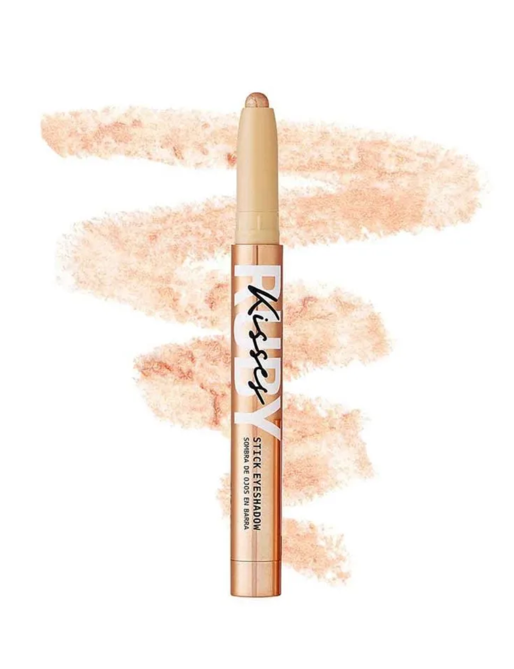 Sombras em stick dourado rosé com textura cintilante sobre fundo branco.