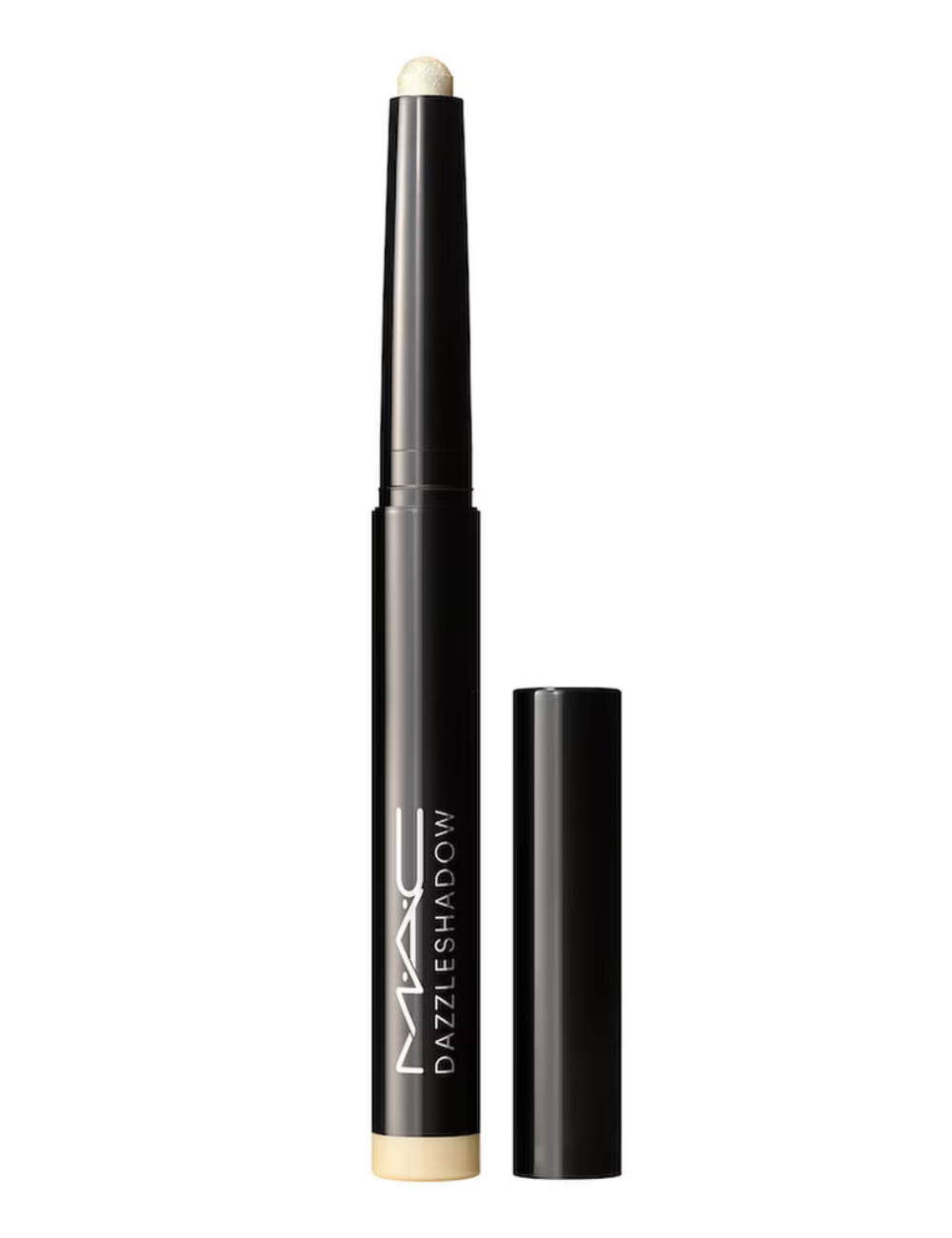 Sombras em stick MAC pretas com ponta creme cintilante e acabamento glossy sobre fundo branco limpo; Texto: MAC DAZZLESHADOW