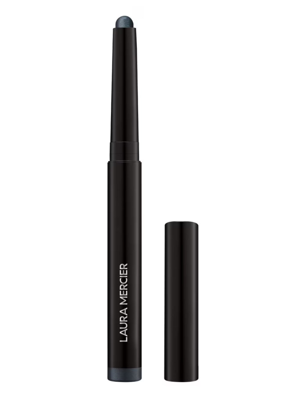 Sombras em stick azul metálico com acabamento cremoso em embalagem preta minimalista; Texto: LAURA MERCIER
