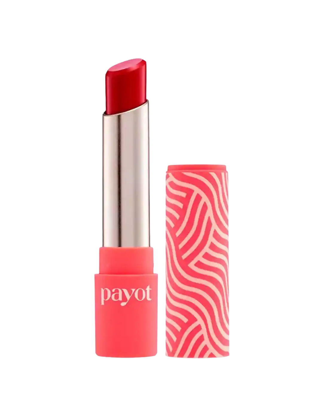 Batom vermelho em bala com embalagem rosa coral e tampa estampada, fundo branco. Texto: payot