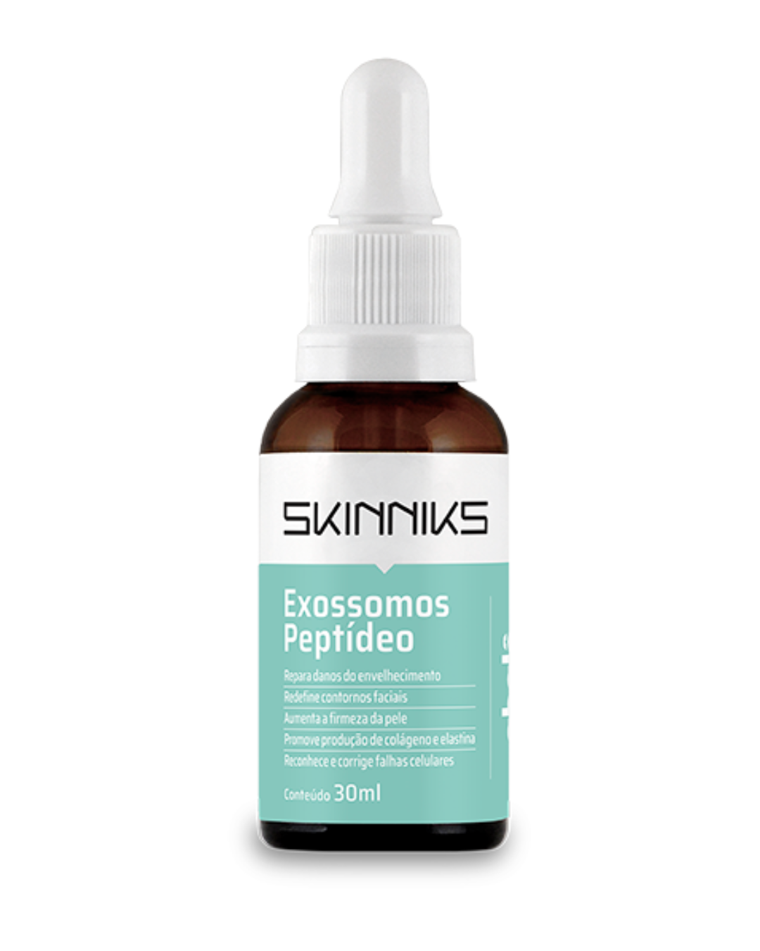 Melhor sérum para pele madura em frasco âmbar com conta-gotas branco. Texto: SKINNIKS Exossomos Peptídeo 30ml