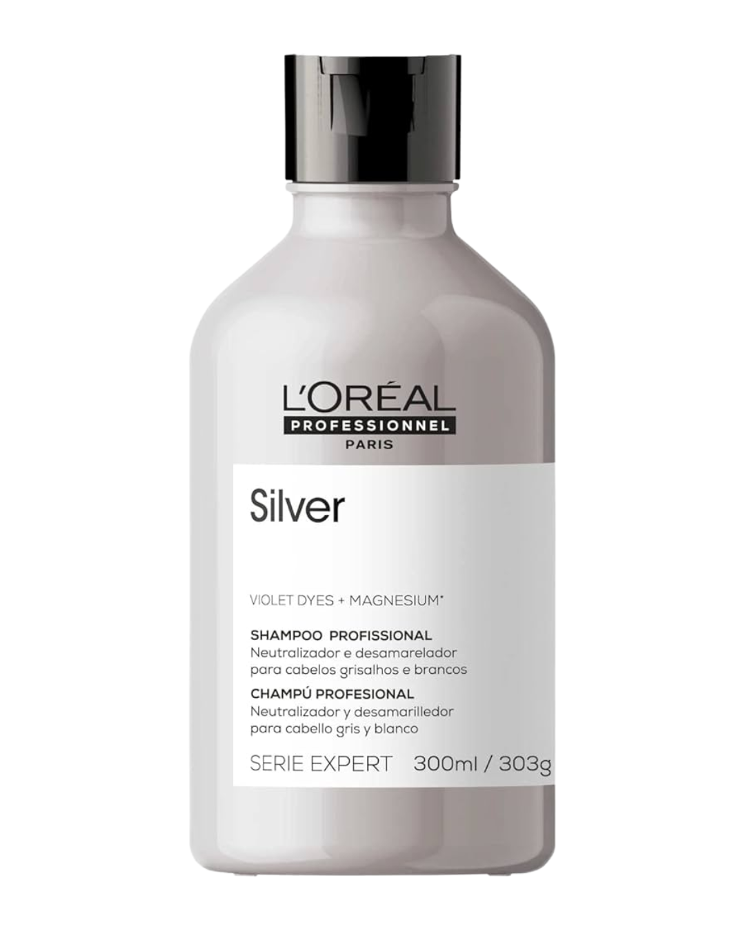 Melhor shampoo para cabelos grisalhos em frasco cinza minimalista com tampa preta. Texto: L’ORÉAL PROFESSIONNEL PARIS Silver
