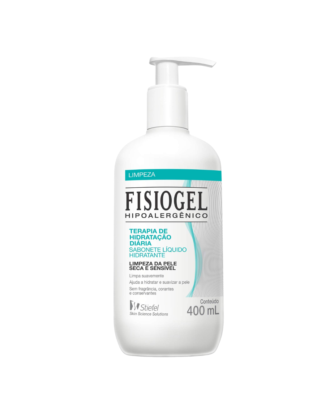 Melhor sabonete para o rosto em frasco branco com pump e detalhes azul-turquesa; Texto: FISIOGEL HIPOALERGÊNICO 400 mL
