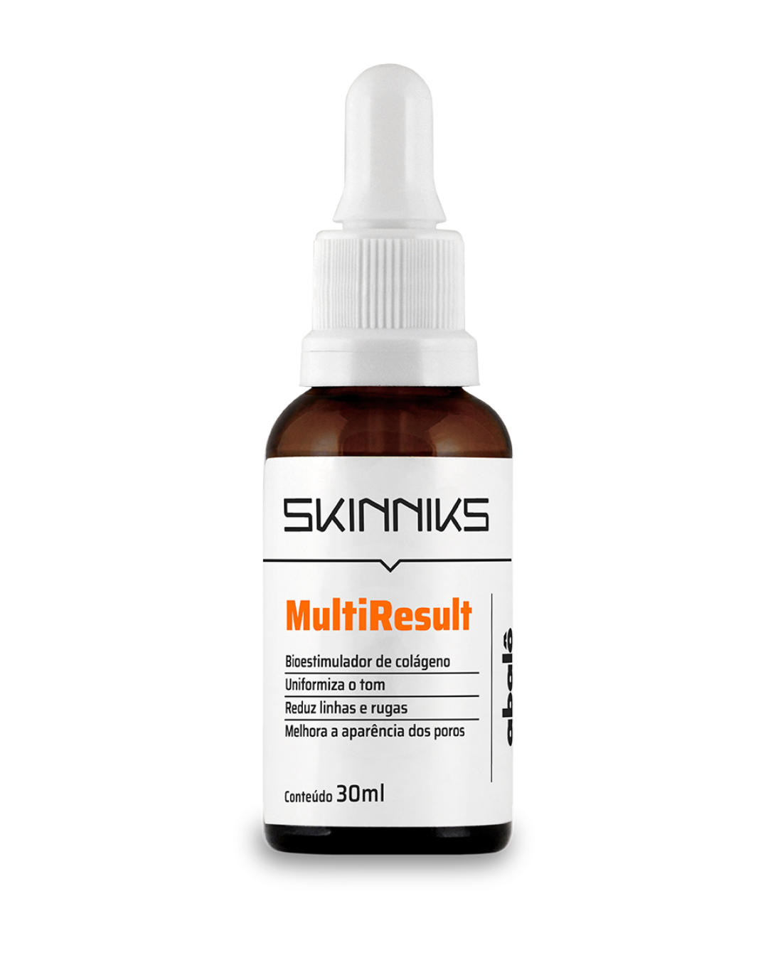 Melhor sérum para pele madura em frasco âmbar com conta-gotas branco. Texto: SKINNIKS MultiResult dbele 30ml