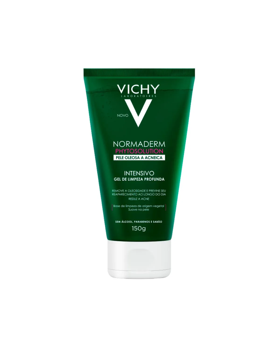 Melhor sabonete para o rosto em bisnaga verde e branca. Texto: VICHY NORMADERM PHYTOSOLUTION INTENSIVO 150g