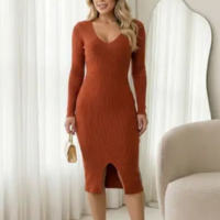 Vestido Midi Tricot Canelado Manga Longa - Vitrine Collection