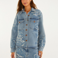 Camisa Jaqueta Jeans Bordado Flor