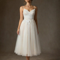 Vestido Diamante Branco Champanhe de Tule de Linha A