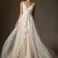 Vestido Diamante Branco Champanhe de Tule de Linha A com Lantejoulas
