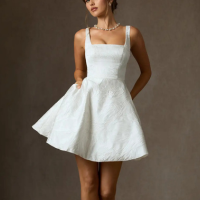 Vestido Diamante Branco de Jacquard Floral de Linha A com com bolsos