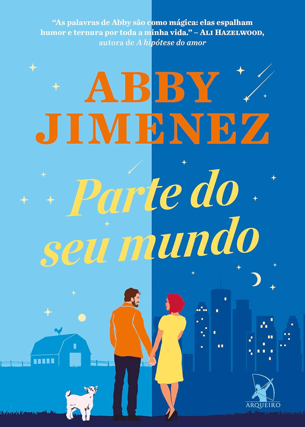 Livros que vão virar adaptações para a televisão em capa azul com casal de mãos dadas entre campo e cidade.
