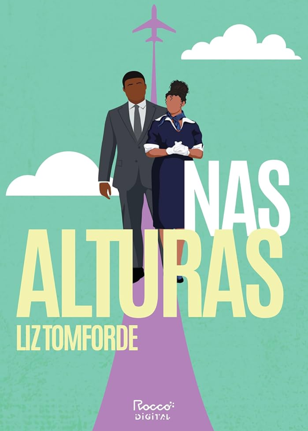 Capa minimalista de livros que vão virar adaptações para a televisão, casal elegante sob céu verde.