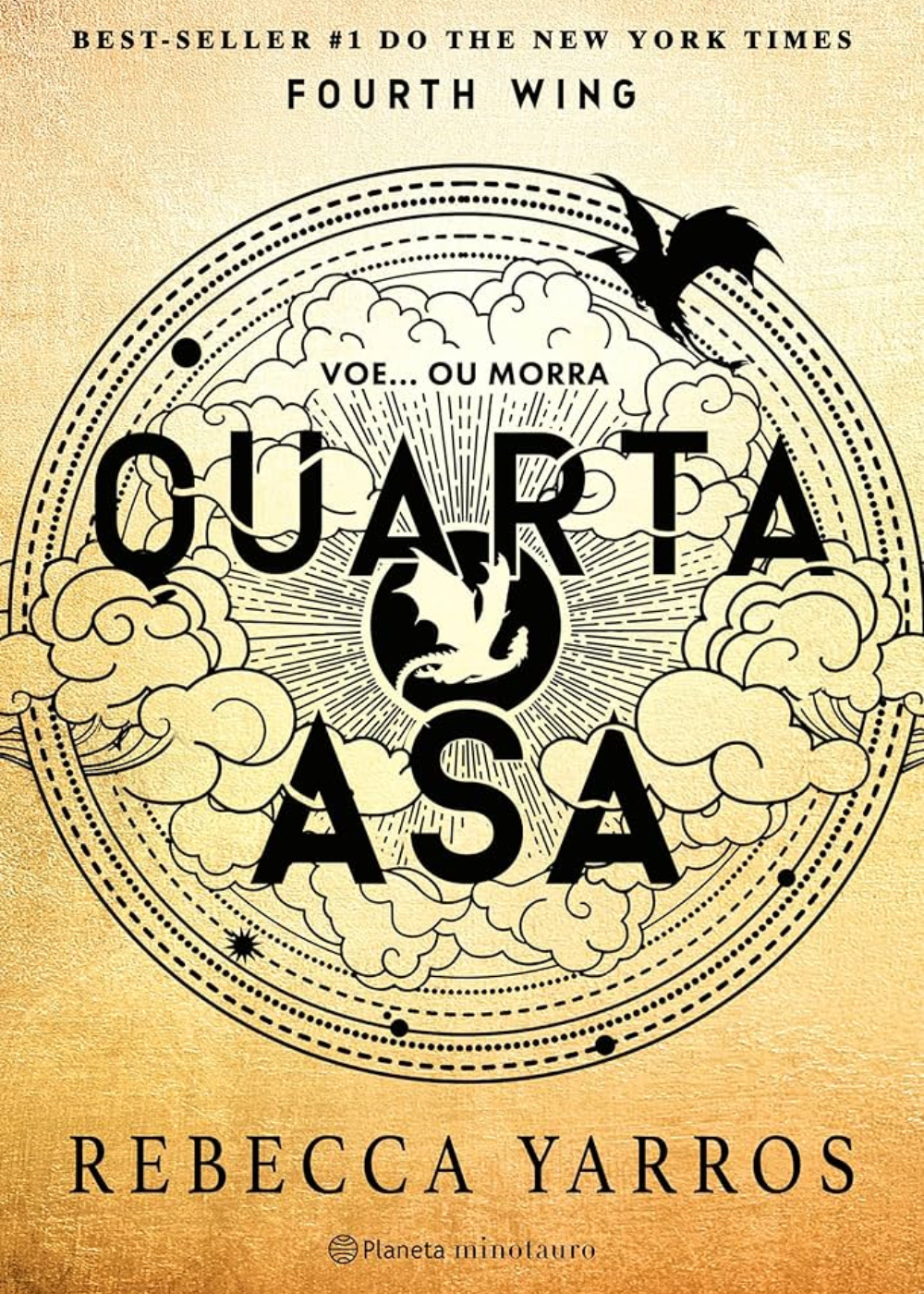 Livros que vão virar adaptações para a televisão: capa dourada e preta com nuvens, círculos e dragão. Texto: QUARTA ASA