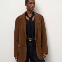 Blazer Oversized em Suede com Gola e Bolsos de Lapela Marrom